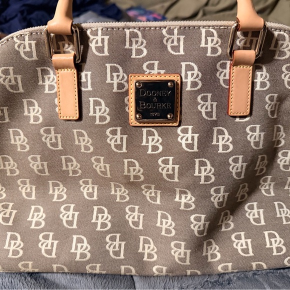 Dooney & Bourke Handbags - Dooney & Bourke Taupe Logo Tote with Tan Leather Trim